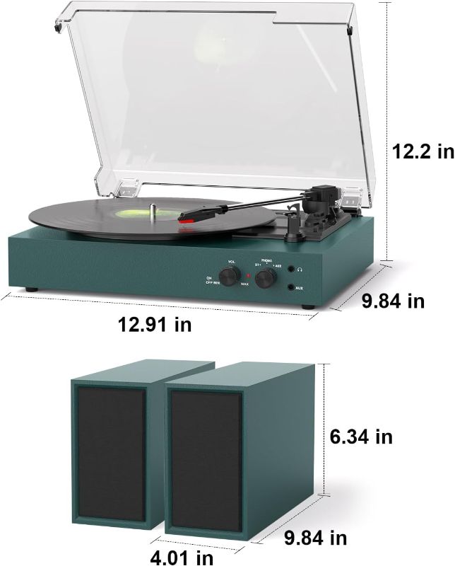 Photo 1 of Record Player with Speakers and USB Encoding, Belt Driven Bluetooth Vintage Vinyl LP Turntable with 20W Power External Speakers, 3 Speed 3 Size, Auto Stop, Dust Cover, RCA/AUX, Green