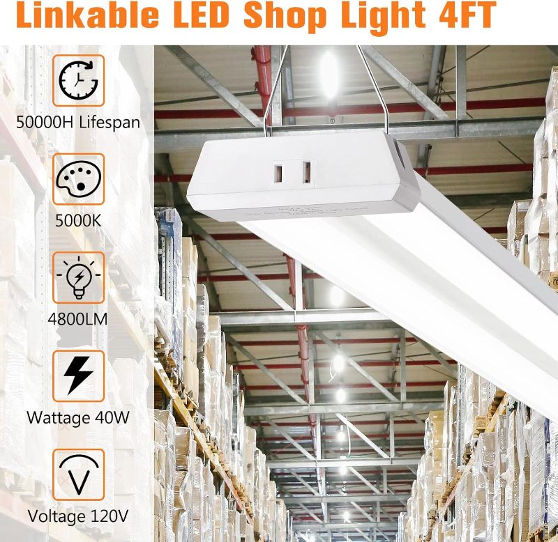 Photo 1 of 4FT Linkable 42W 4800LM 5000K LED Ceiling Lights for Garages, Pull Chain ON/Off, Linear Work Light Fixture with Plug, 2 Pack