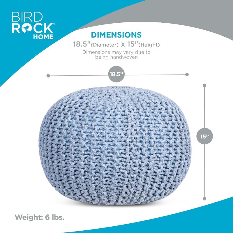 Photo 1 of BIRDROCK HOME Round Pouf Ottoman | Cotton Braided Foot Stool with Bean Bag Filling | Boho Foot Rest for Living Room & Bedroom | Compact & Comfortable Seating, Lightweight & Soft | Soft Blue