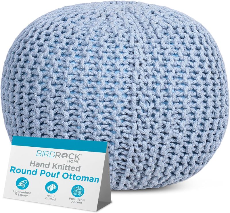 Photo 1 of BIRDROCK HOME Round Pouf Ottoman | Cotton Braided Foot Stool with Bean Bag Filling | Boho Foot Rest for Living Room & Bedroom | Compact & Comfortable Seating, Lightweight & Soft | Soft Blue
