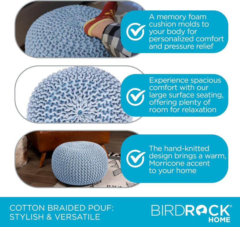 Photo 1 of BIRDROCK HOME Round Pouf Ottoman | Cotton Braided Foot Stool with Bean Bag Filling | Boho Foot Rest for Living Room & Bedroom | Compact & Comfortable Seating, Lightweight & Soft | Soft Blue
