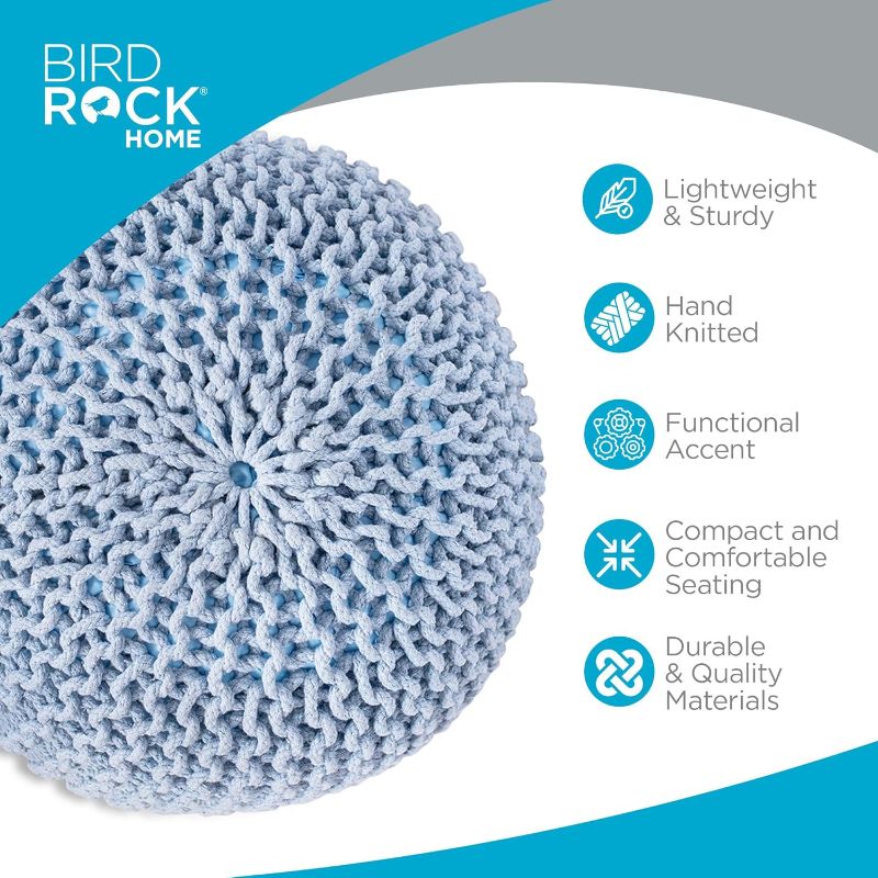 Photo 1 of BIRDROCK HOME Round Pouf Ottoman | Cotton Braided Foot Stool with Bean Bag Filling | Boho Foot Rest for Living Room & Bedroom | Compact & Comfortable Seating, Lightweight & Soft | Soft Blue