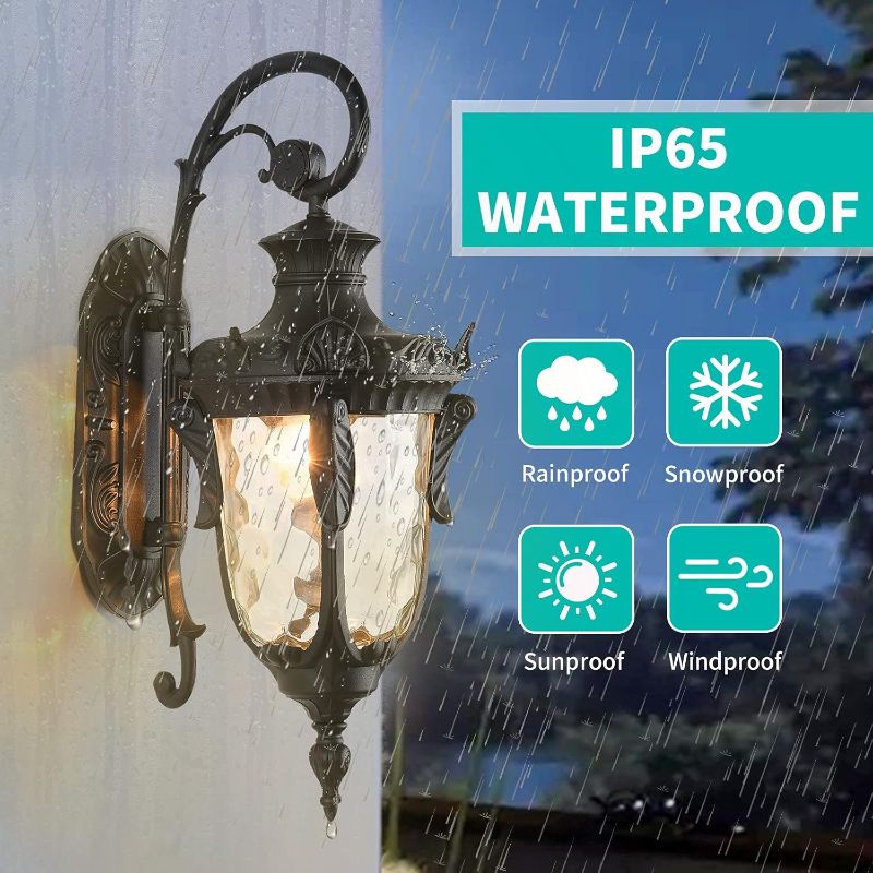 Photo 1 of LONEDRUID Outdoor Wall Light Fixtures Black 16.93”H Exterior Wall Lantern Waterproof Sconce Porch Lights Wall Mount with Hammered Glass Shade for House