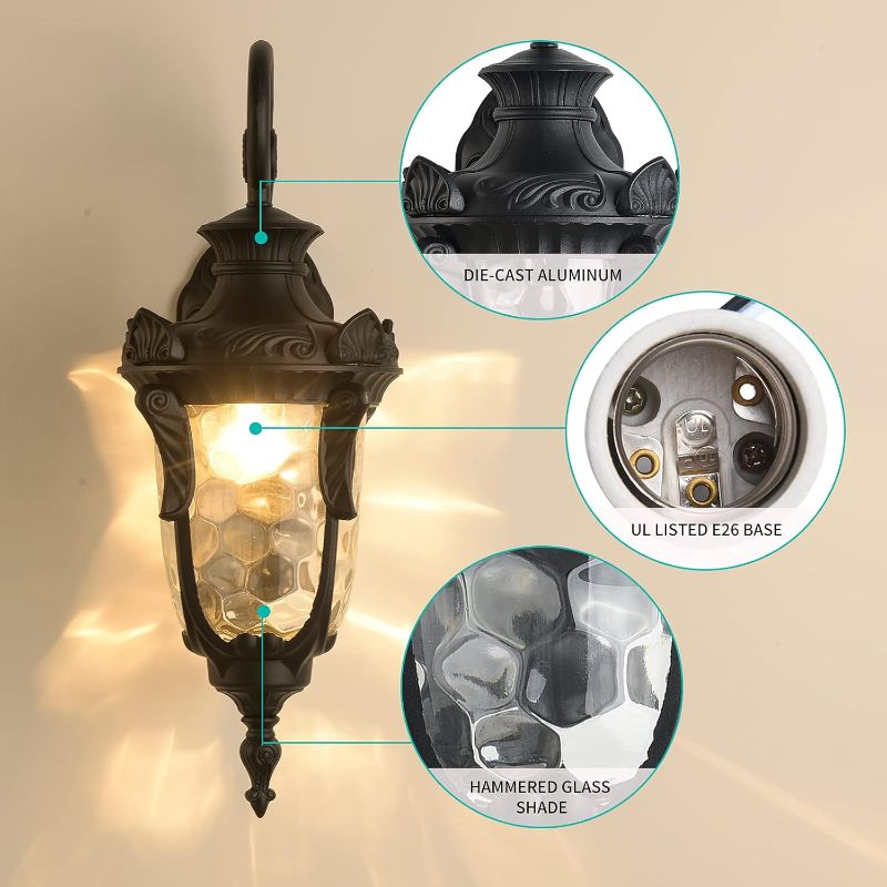 Photo 1 of LONEDRUID Outdoor Wall Light Fixtures Black 16.93”H Exterior Wall Lantern Waterproof Sconce Porch Lights Wall Mount with Hammered Glass Shade for House