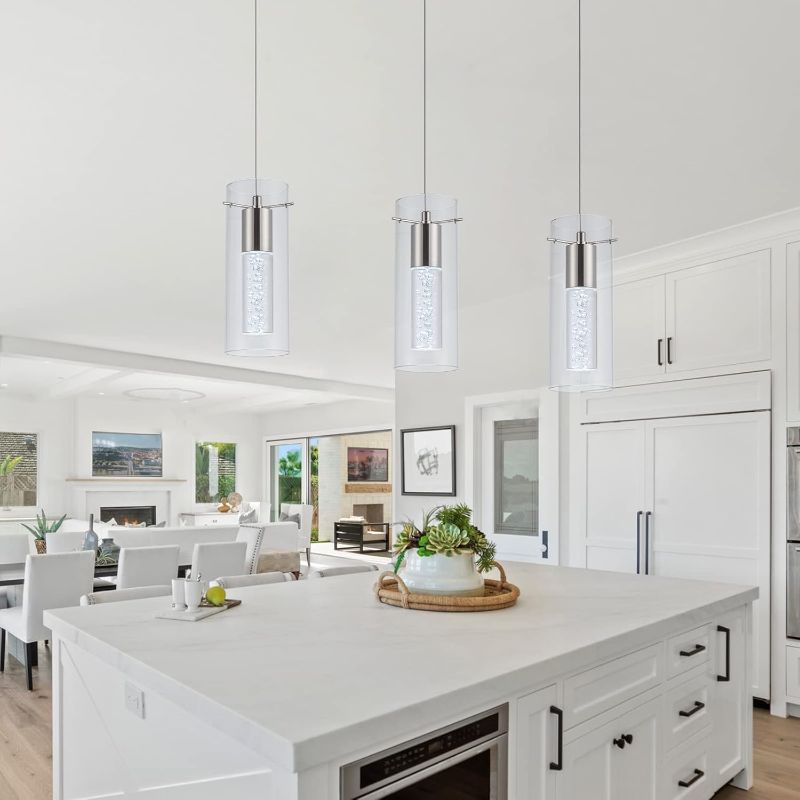 Photo 1 of 3 Pack Pendant Lights Kitchen Island, 6000K Kitchen Island Dining Room Light Pendant Lighting Fixtures Bubble Crystal Chandelier Over Island Table Modern Hanging Light for Bar Dining Room