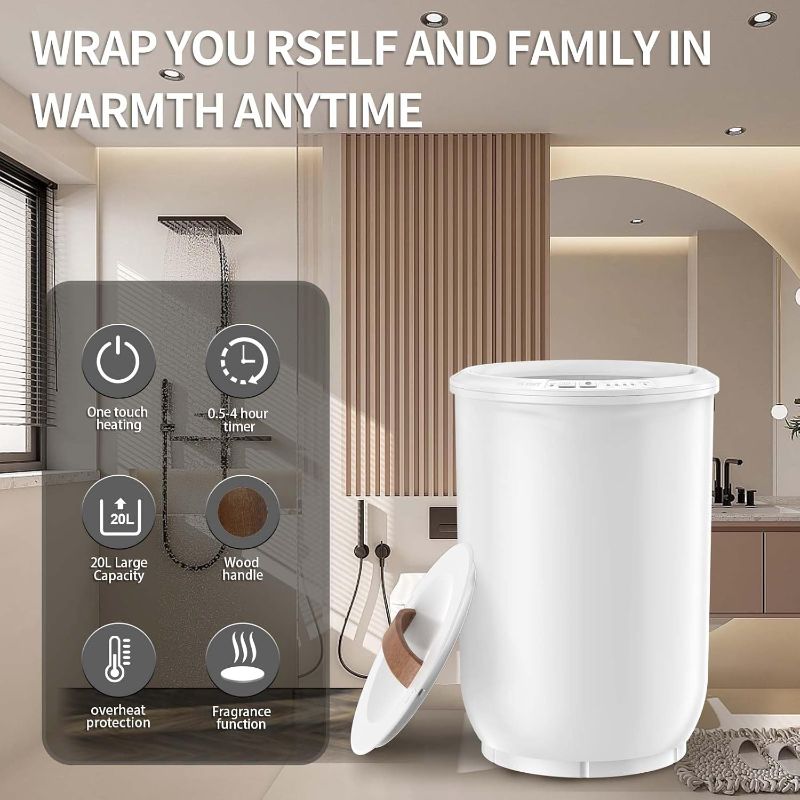 Photo 1 of Large Towel Warmer for Bathroom - Heated Towel Warmers Bucket, Wood Handle, Auto Shut Off, Fits Up to Two 40"X70" Oversized Towels, Bathrobes, Blankets, Best Ideal for Mother's Gifts