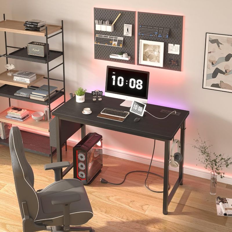 Photo 1 of Lufeiya 39 inch Computer Desk with Power Outlet, 40 inch Teen Study Table Home Office Work Writing Desks with Charging Station Outlets Built in, Black