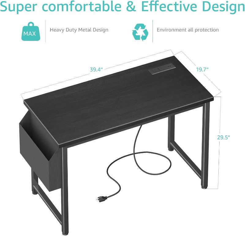 Photo 1 of Lufeiya 39 inch Computer Desk with Power Outlet, 40 inch Teen Study Table Home Office Work Writing Desks with Charging Station Outlets Built in, Black