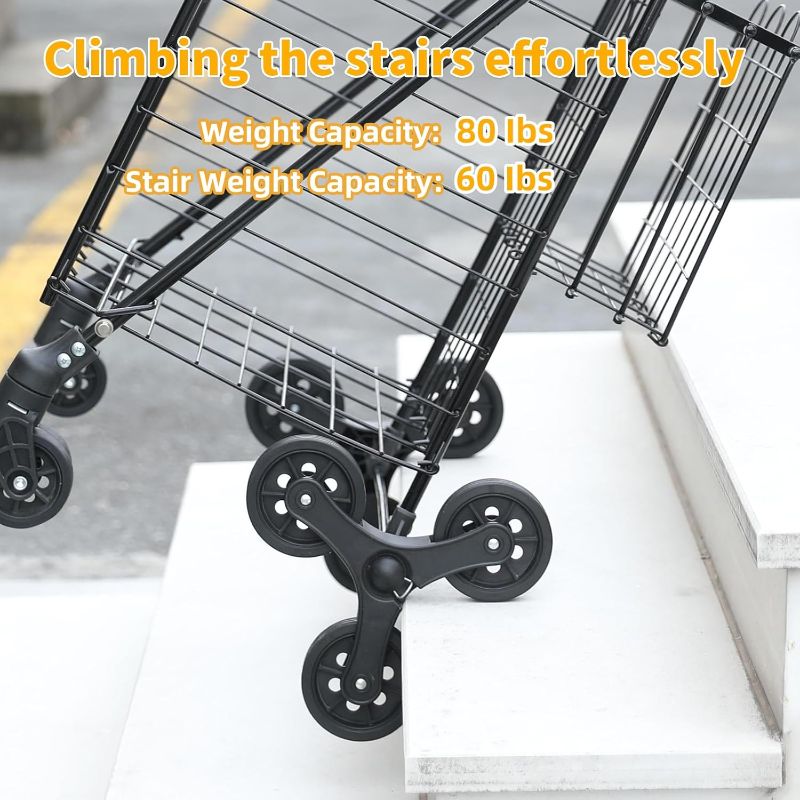 Photo 1 of Grocery Shopping Cart with 360° Rolling Swivel Wheels Stair Climber Utility Cart Easily Collapsible Cart with Tri-Wheels, 66lb Extended Foam Cover, Trolley for Stair, Laundry, Travel (Black)