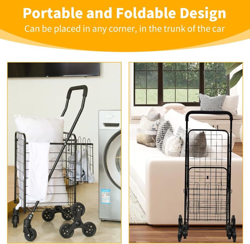 Photo 1 of Grocery Shopping Cart with 360° Rolling Swivel Wheels Stair Climber Utility Cart Easily Collapsible Cart with Tri-Wheels, 66lb Extended Foam Cover, Trolley for Stair, Laundry, Travel (Black)