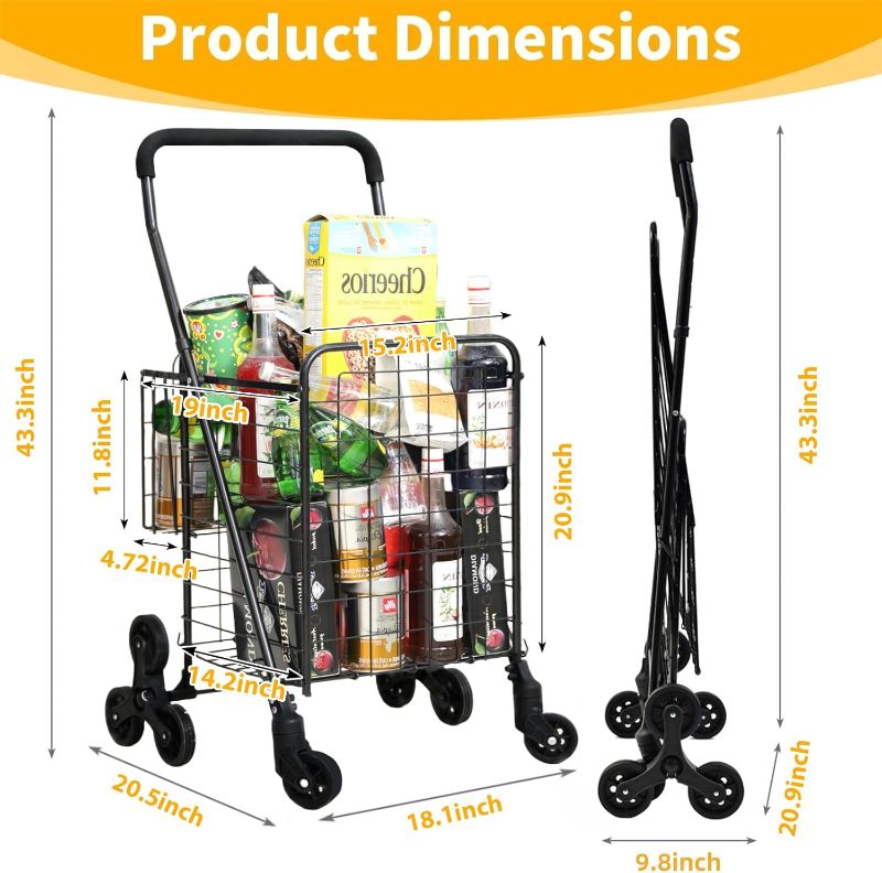 Photo 1 of Grocery Shopping Cart with 360° Rolling Swivel Wheels Stair Climber Utility Cart Easily Collapsible Cart with Tri-Wheels, 66lb Extended Foam Cover, Trolley for Stair, Laundry, Travel (Black)