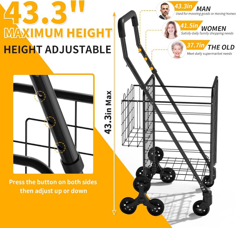 Photo 1 of Grocery Shopping Cart with 360° Rolling Swivel Wheels Stair Climber Utility Cart Easily Collapsible Cart with Tri-Wheels, 66lb Extended Foam Cover, Trolley for Stair, Laundry, Travel (Black)