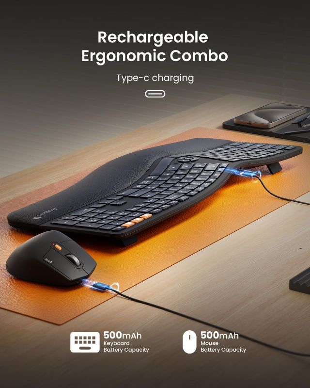 Photo 1 of ProtoArc Ergonomic Wireless Keyboard Mouse, EKM01 Plus Full Size Ergo Bluetooth Keyboard Mouse Combo, Split Design, Wrist Rest, Multi-Device, Rechargeable, for Windows/Mac OS - Black