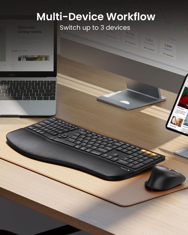 Photo 1 of ProtoArc Ergonomic Wireless Keyboard Mouse, EKM01 Plus Full Size Ergo Bluetooth Keyboard Mouse Combo, Split Design, Wrist Rest, Multi-Device, Rechargeable, for Windows/Mac OS - Black