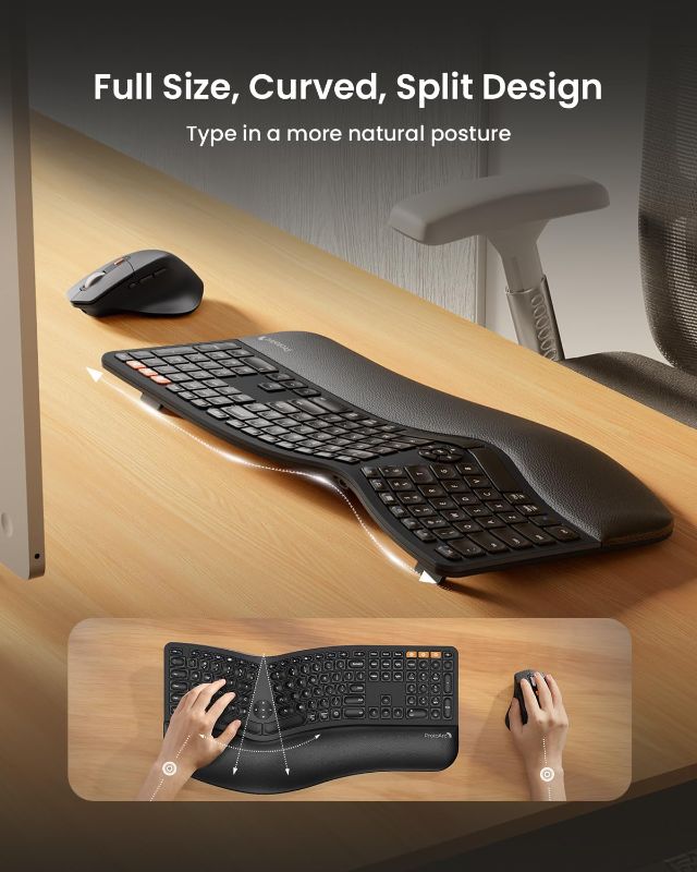 Photo 1 of ProtoArc Ergonomic Wireless Keyboard Mouse, EKM01 Plus Full Size Ergo Bluetooth Keyboard Mouse Combo, Split Design, Wrist Rest, Multi-Device, Rechargeable, for Windows/Mac OS - Black