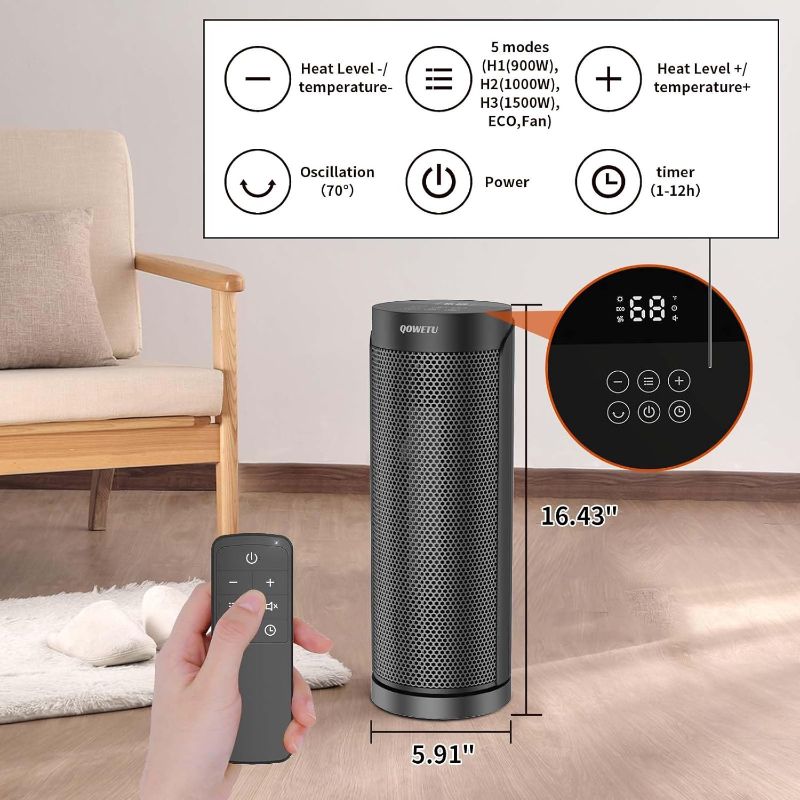 Photo 1 of Portable Space Heater for Indoor Use with Remote - QOWETU 70° Oscillating Electric Heater, 17 Inchs, 12H Timer, 1500W Quiet PTC Ceramic Heating with Thermostat, Fast Safety Heat for Home, Bedroom