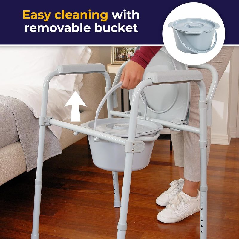 Photo 1 of Drive Medical 11148-1 Folding Steel Bedside Commode Chair, Portable Toilet, Supports Individuals Weighing Up To 350 Lbs, with 7.5 Qt. Bucket and 13.5 Inch Seat, Grey