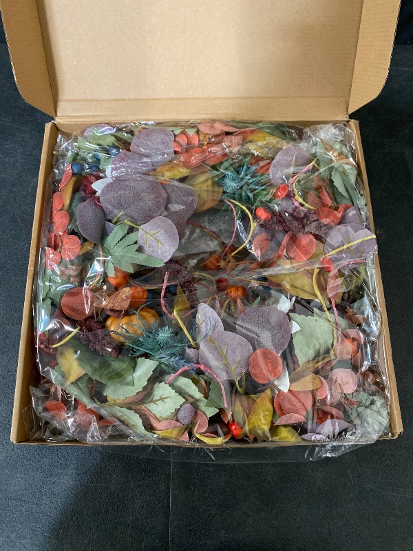 Photo 1 of 24 Inch Fall Wreaths for Front Door Outside, Soomeir Large Pumpkins Thanksgiving Wreath, Autumn Decor with Silk Leaves for Home Halloween Decorations Indoor Outdoor Farmhouse (Purple)