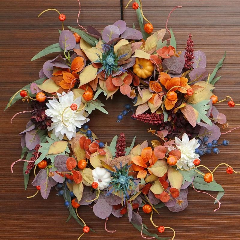 Photo 1 of 24 Inch Fall Wreaths for Front Door Outside, Soomeir Large Pumpkins Thanksgiving Wreath, Autumn Decor with Silk Leaves for Home Halloween Decorations Indoor Outdoor Farmhouse (Purple)