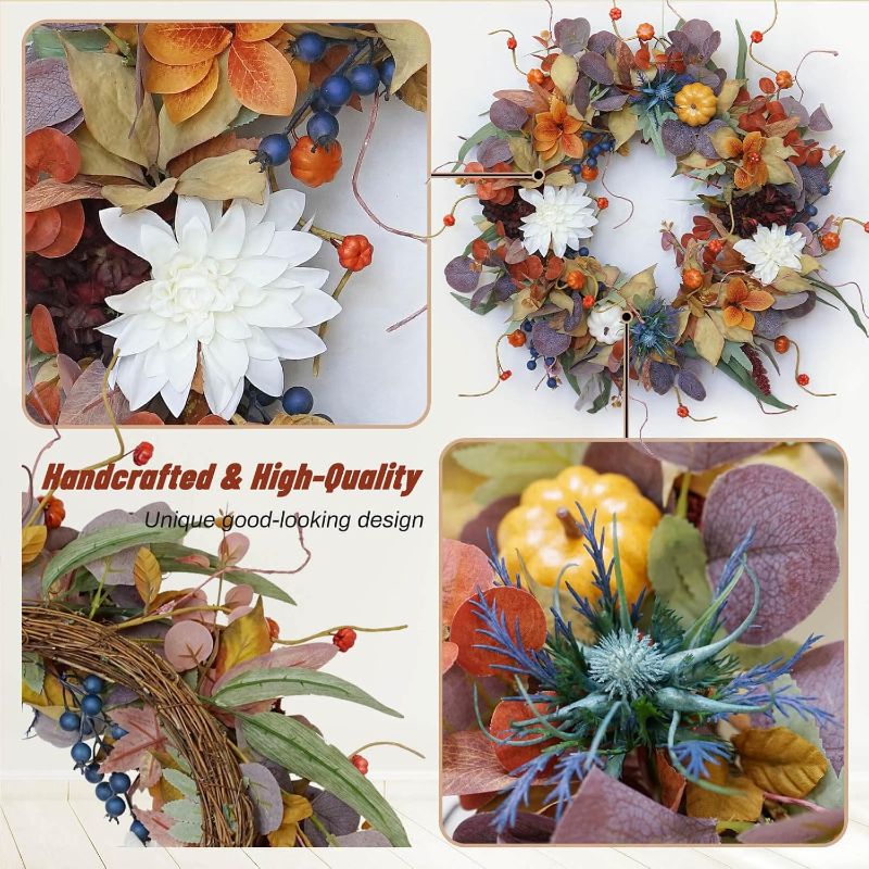 Photo 1 of 24 Inch Fall Wreaths for Front Door Outside, Soomeir Large Pumpkins Thanksgiving Wreath, Autumn Decor with Silk Leaves for Home Halloween Decorations Indoor Outdoor Farmhouse (Purple)
