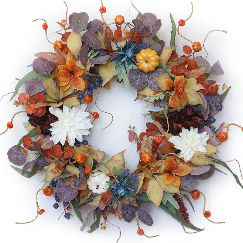 Photo 1 of 24 Inch Fall Wreaths for Front Door Outside, Soomeir Large Pumpkins Thanksgiving Wreath, Autumn Decor with Silk Leaves for Home Halloween Decorations Indoor Outdoor Farmhouse (Purple)