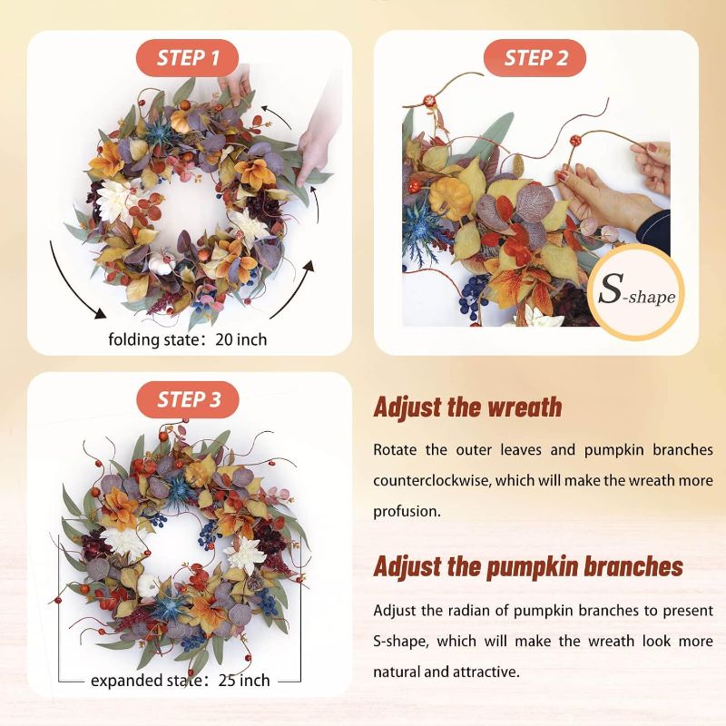 Photo 1 of 24 Inch Fall Wreaths for Front Door Outside, Soomeir Large Pumpkins Thanksgiving Wreath, Autumn Decor with Silk Leaves for Home Halloween Decorations Indoor Outdoor Farmhouse (Purple)