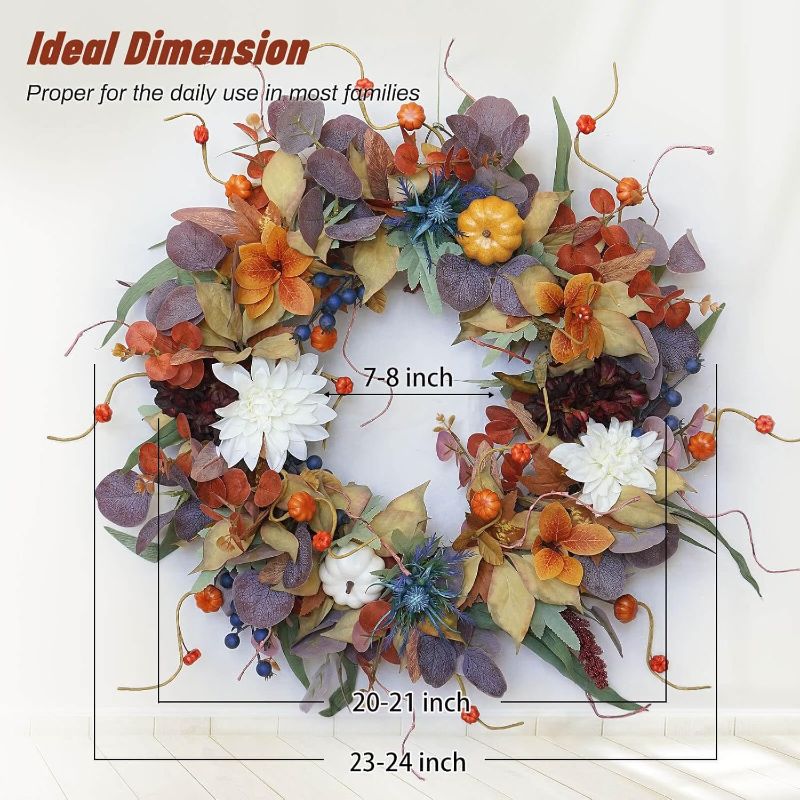 Photo 1 of 24 Inch Fall Wreaths for Front Door Outside, Soomeir Large Pumpkins Thanksgiving Wreath, Autumn Decor with Silk Leaves for Home Halloween Decorations Indoor Outdoor Farmhouse (Purple)