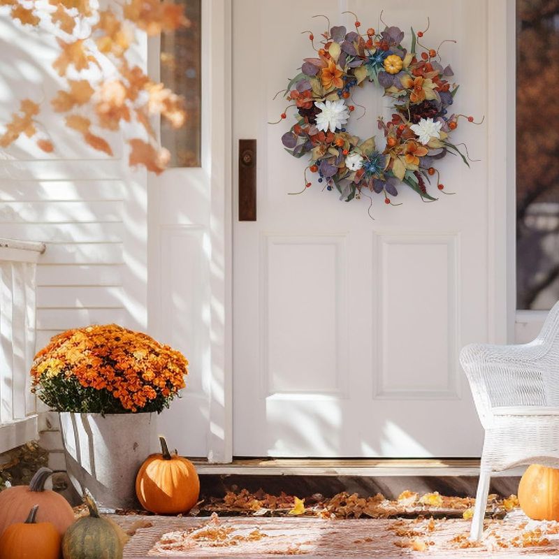 Photo 1 of 24 Inch Fall Wreaths for Front Door Outside, Soomeir Large Pumpkins Thanksgiving Wreath, Autumn Decor with Silk Leaves for Home Halloween Decorations Indoor Outdoor Farmhouse (Purple)