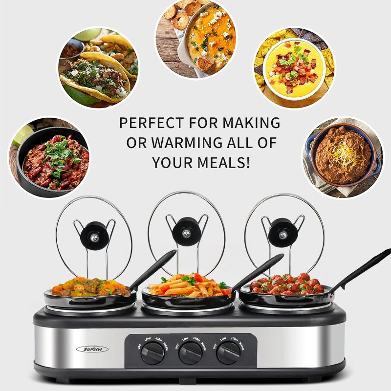 Photo 1 of Sunvivi Slow Cooker, Triple Slow Cooker Buffet Server and Food Warmer, 3-Section 1.5-Quart Upgraded Oval Ceramic Pot with Stainless Steel Lid Rests, 3 Spoons, Total 4.5 QT