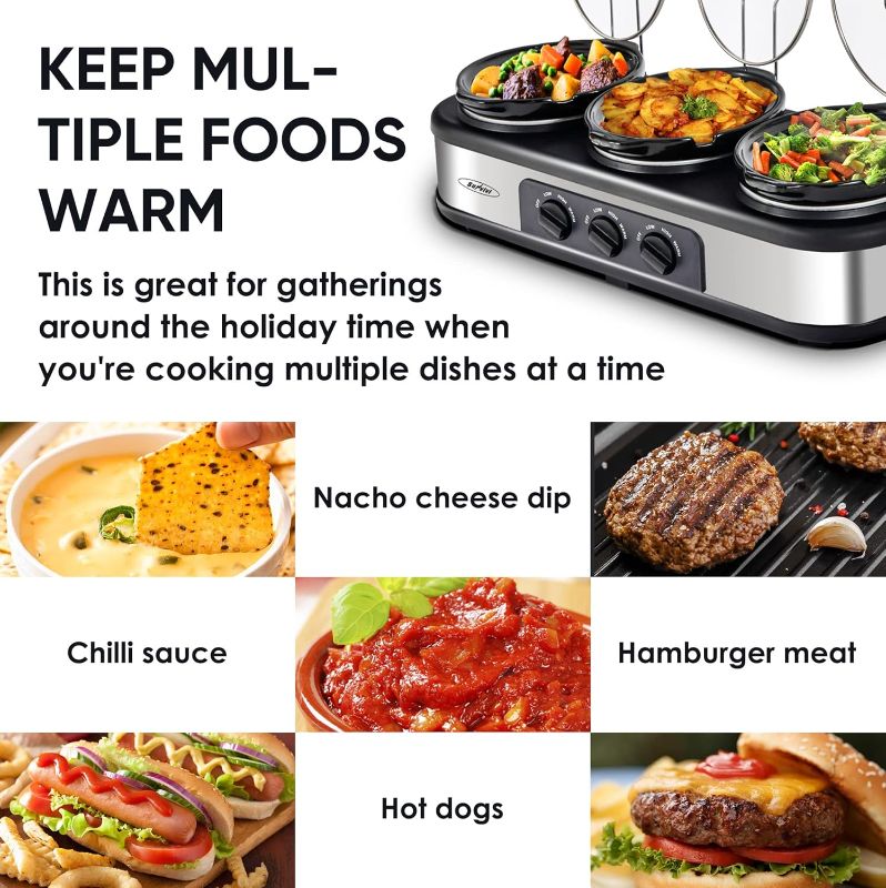 Photo 1 of Sunvivi Slow Cooker, Triple Slow Cooker Buffet Server and Food Warmer, 3-Section 1.5-Quart Upgraded Oval Ceramic Pot with Stainless Steel Lid Rests, 3 Spoons, Total 4.5 QT