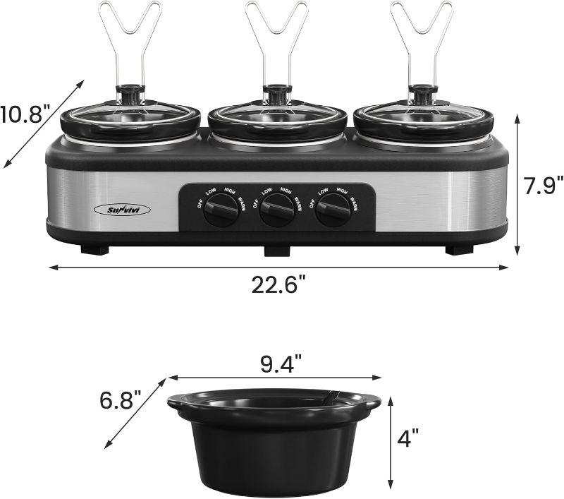 Photo 1 of Sunvivi Slow Cooker, Triple Slow Cooker Buffet Server and Food Warmer, 3-Section 1.5-Quart Upgraded Oval Ceramic Pot with Stainless Steel Lid Rests, 3 Spoons, Total 4.5 QT