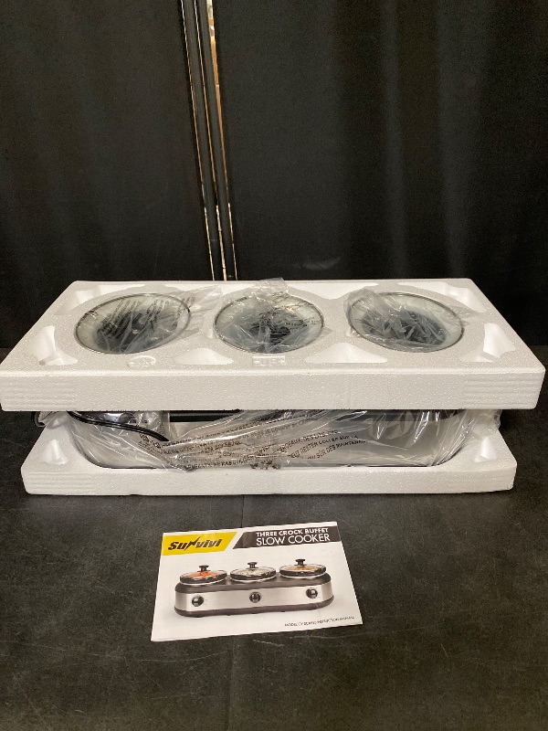 Photo 1 of Sunvivi Slow Cooker, Triple Slow Cooker Buffet Server and Food Warmer, 3-Section 1.5-Quart Upgraded Oval Ceramic Pot with Stainless Steel Lid Rests, 3 Spoons, Total 4.5 QT