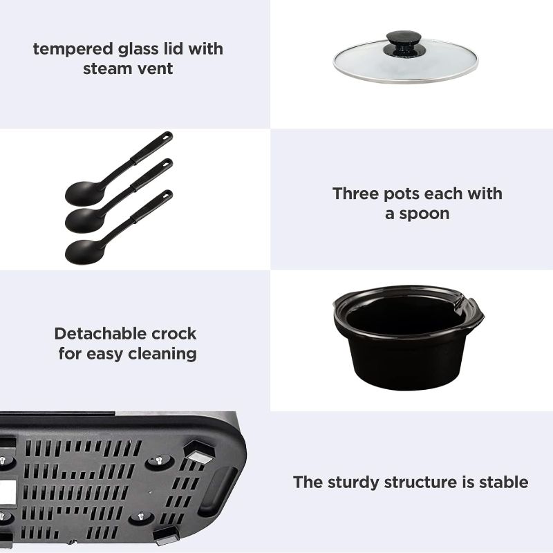 Photo 1 of Sunvivi Slow Cooker, Triple Slow Cooker Buffet Server and Food Warmer, 3-Section 1.5-Quart Upgraded Oval Ceramic Pot with Stainless Steel Lid Rests, 3 Spoons, Total 4.5 QT