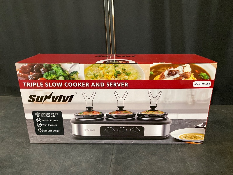 Photo 1 of Sunvivi Slow Cooker, Triple Slow Cooker Buffet Server and Food Warmer, 3-Section 1.5-Quart Upgraded Oval Ceramic Pot with Stainless Steel Lid Rests, 3 Spoons, Total 4.5 QT