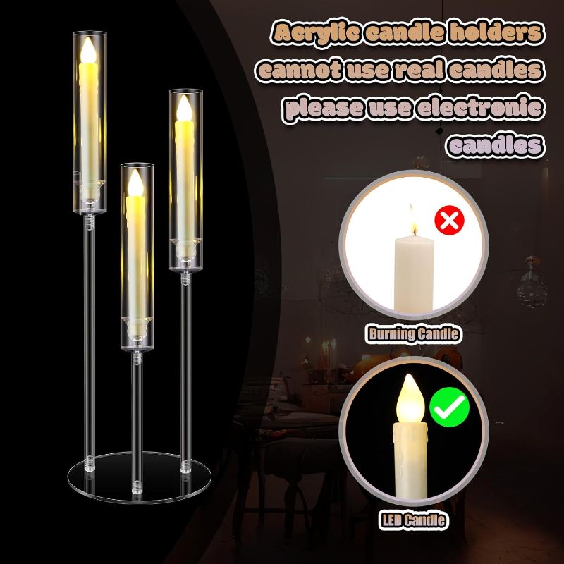 Photo 1 of Tandefio 6 Pcs Candelabra Centerpiece with 18 LED Candles 3 Arm Clear Candlestick Holder with Acrylic Shade Circular Base for Birthday Wedding Party Table Decoration Fit 0.87" Candle