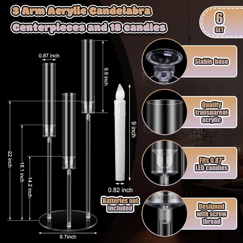 Photo 1 of Tandefio 6 Pcs Candelabra Centerpiece with 18 LED Candles 3 Arm Clear Candlestick Holder with Acrylic Shade Circular Base for Birthday Wedding Party Table Decoration Fit 0.87" Candle