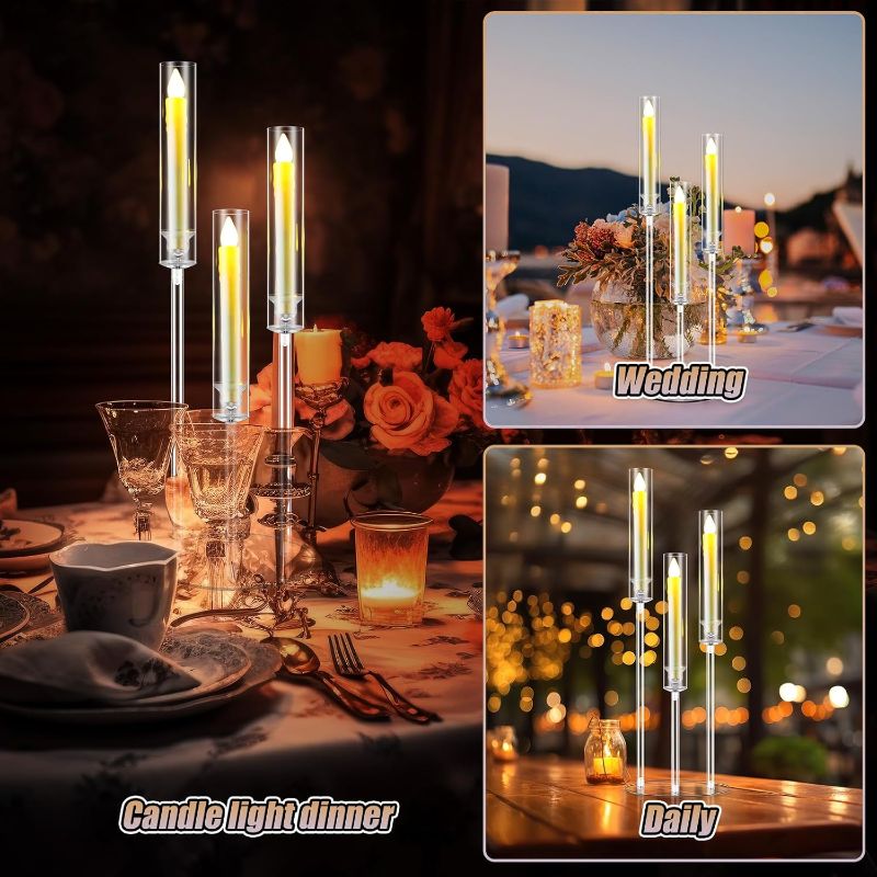 Photo 1 of Tandefio 6 Pcs Candelabra Centerpiece with 18 LED Candles 3 Arm Clear Candlestick Holder with Acrylic Shade Circular Base for Birthday Wedding Party Table Decoration Fit 0.87" Candle