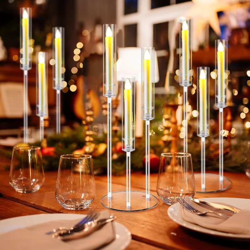Photo 1 of Tandefio 6 Pcs Candelabra Centerpiece with 18 LED Candles 3 Arm Clear Candlestick Holder with Acrylic Shade Circular Base for Birthday Wedding Party Table Decoration Fit 0.87" Candle
