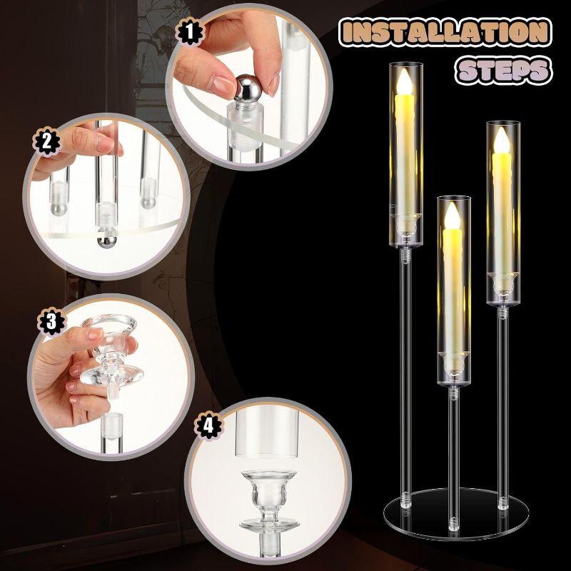 Photo 1 of Tandefio 6 Pcs Candelabra Centerpiece with 18 LED Candles 3 Arm Clear Candlestick Holder with Acrylic Shade Circular Base for Birthday Wedding Party Table Decoration Fit 0.87" Candle