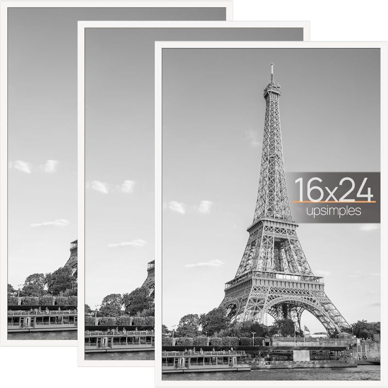 Photo 1 of upsimples 16x24 Picture Frame White 3 Pack, Scratch-Proof Poster Frames 16 x 24 for Photo Gallery - Slide-In Strips, Horizontal or Vertical Wall Mounting