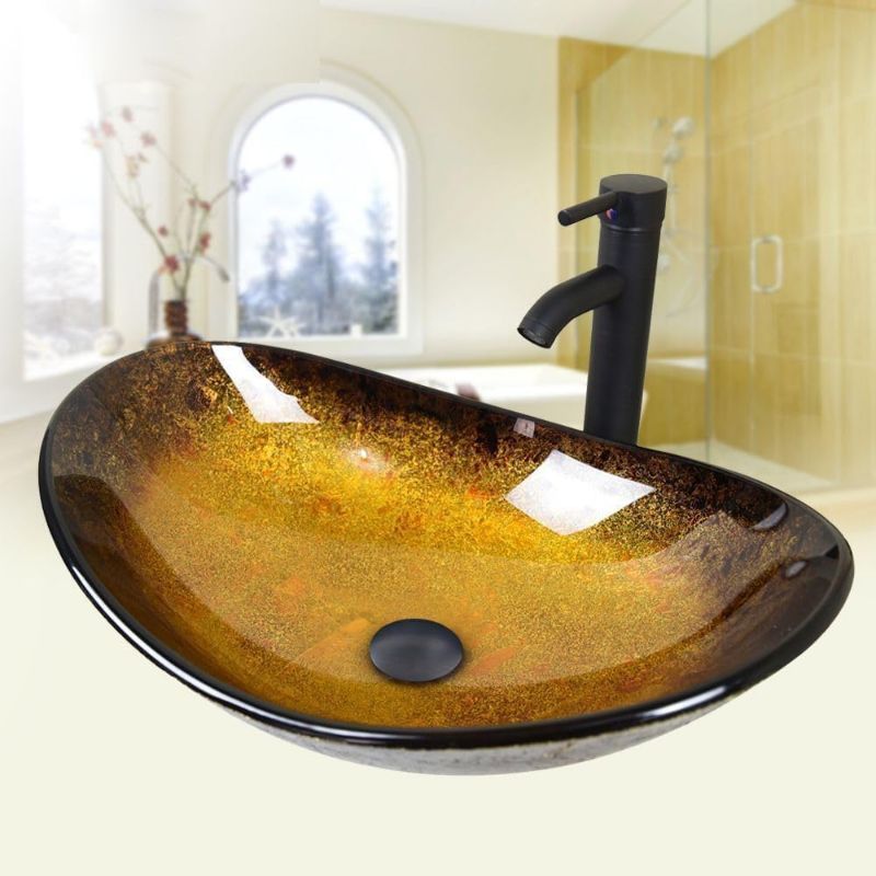 Photo 1 of YOURLITE Boat Shape Bathroom Artistic Glass Vessel Sink Boat Shape Free Oil Rubbed Bronze Faucet and Pop-up Drain,Gold ingot