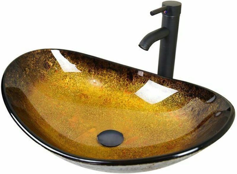 Photo 1 of YOURLITE Boat Shape Bathroom Artistic Glass Vessel Sink Boat Shape Free Oil Rubbed Bronze Faucet and Pop-up Drain,Gold ingot