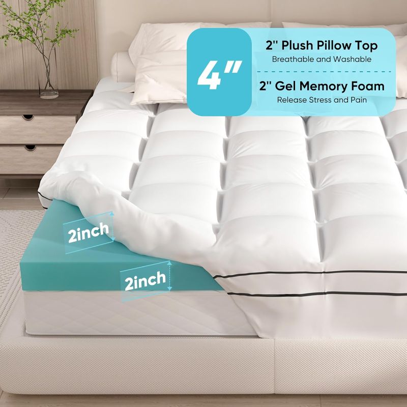 Photo 1 of Memory Foam Mattress Topper Queen Size, Dual Layer 4 Inch Mattress Pad,2 Inch Gel Memory Foam Plus 2 Inch Pillow Top Cover with 8-21 Inch Deep Pocket