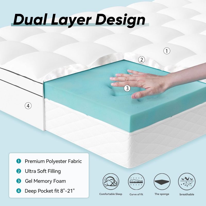 Photo 1 of Memory Foam Mattress Topper Queen Size, Dual Layer 4 Inch Mattress Pad,2 Inch Gel Memory Foam Plus 2 Inch Pillow Top Cover with 8-21 Inch Deep Pocket