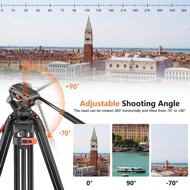 Photo 1 of Heavy Duty Tripod Professional Video Tripod Aluminium 72inch with 360 Degree Fluid Head for Canon Nikon DSLR Camcorder Cameras Spotting Scopes