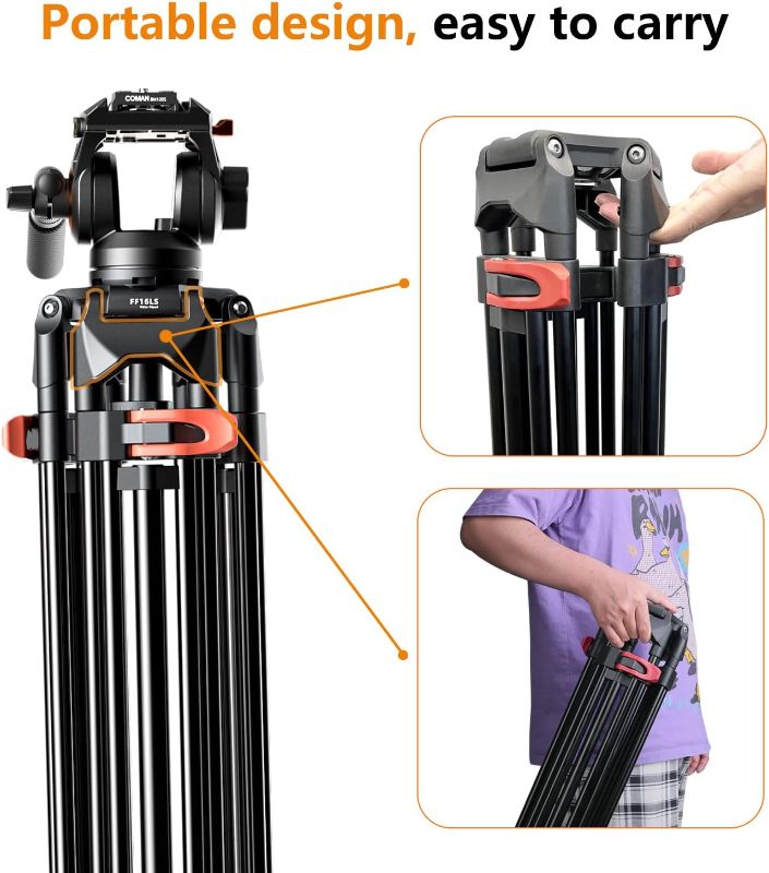 Photo 1 of Heavy Duty Tripod Professional Video Tripod Aluminium 72inch with 360 Degree Fluid Head for Canon Nikon DSLR Camcorder Cameras Spotting Scopes
