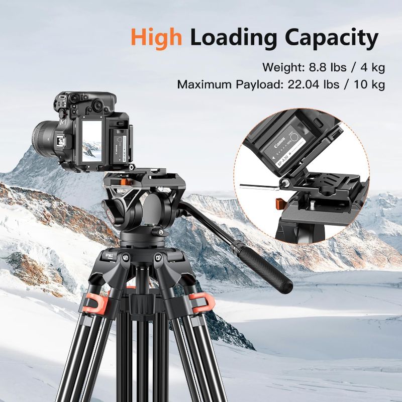 Photo 1 of Heavy Duty Tripod Professional Video Tripod Aluminium 72inch with 360 Degree Fluid Head for Canon Nikon DSLR Camcorder Cameras Spotting Scopes