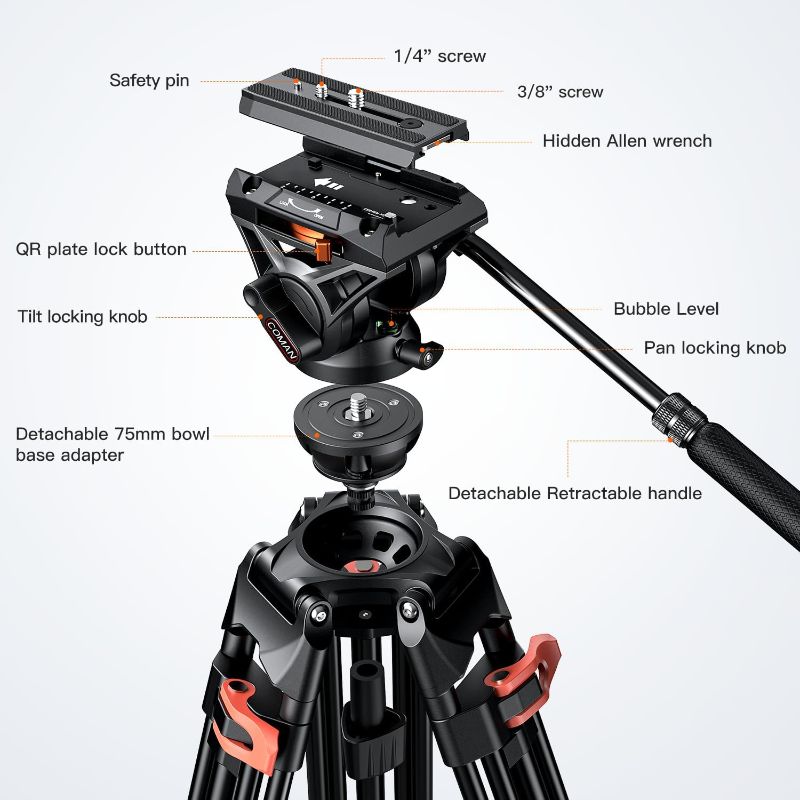 Photo 1 of Heavy Duty Tripod Professional Video Tripod Aluminium 72inch with 360 Degree Fluid Head for Canon Nikon DSLR Camcorder Cameras Spotting Scopes
