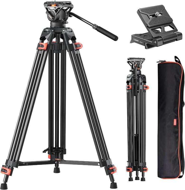 Photo 1 of Heavy Duty Tripod Professional Video Tripod Aluminium 72inch with 360 Degree Fluid Head for Canon Nikon DSLR Camcorder Cameras Spotting Scopes