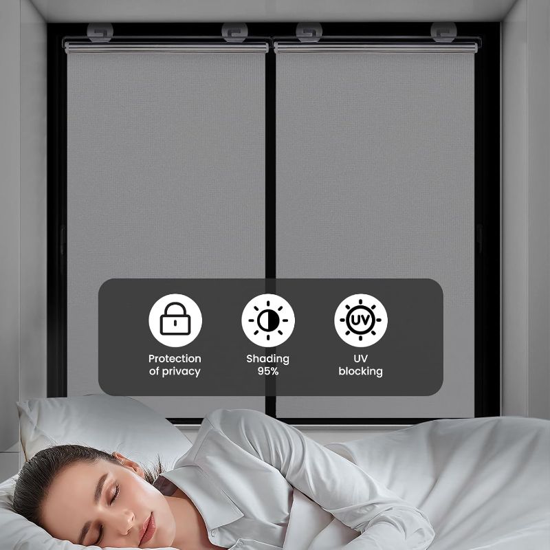 Photo 1 of No Drilling Retractable Roller Window Shades W/3 Suction Cups, Black Blackout Blind Shade Temporary Cover Curtain for Home Bedroom Car (49.21" L× 19.68" W, Silver Coating)